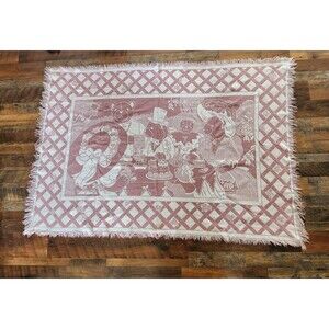 Vtg Teddy Bear Tea Party Pink Tapestry Baby Blanket Throw Fringe Pastel Nursery